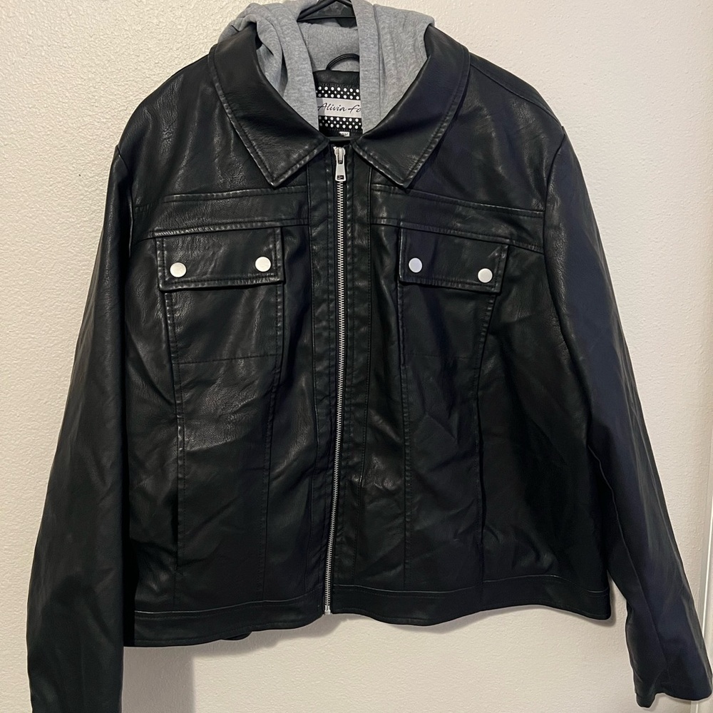 Alivia Ford Women’s Black Faux Leather Jacket With Gray Hoodie Insert Size 3X